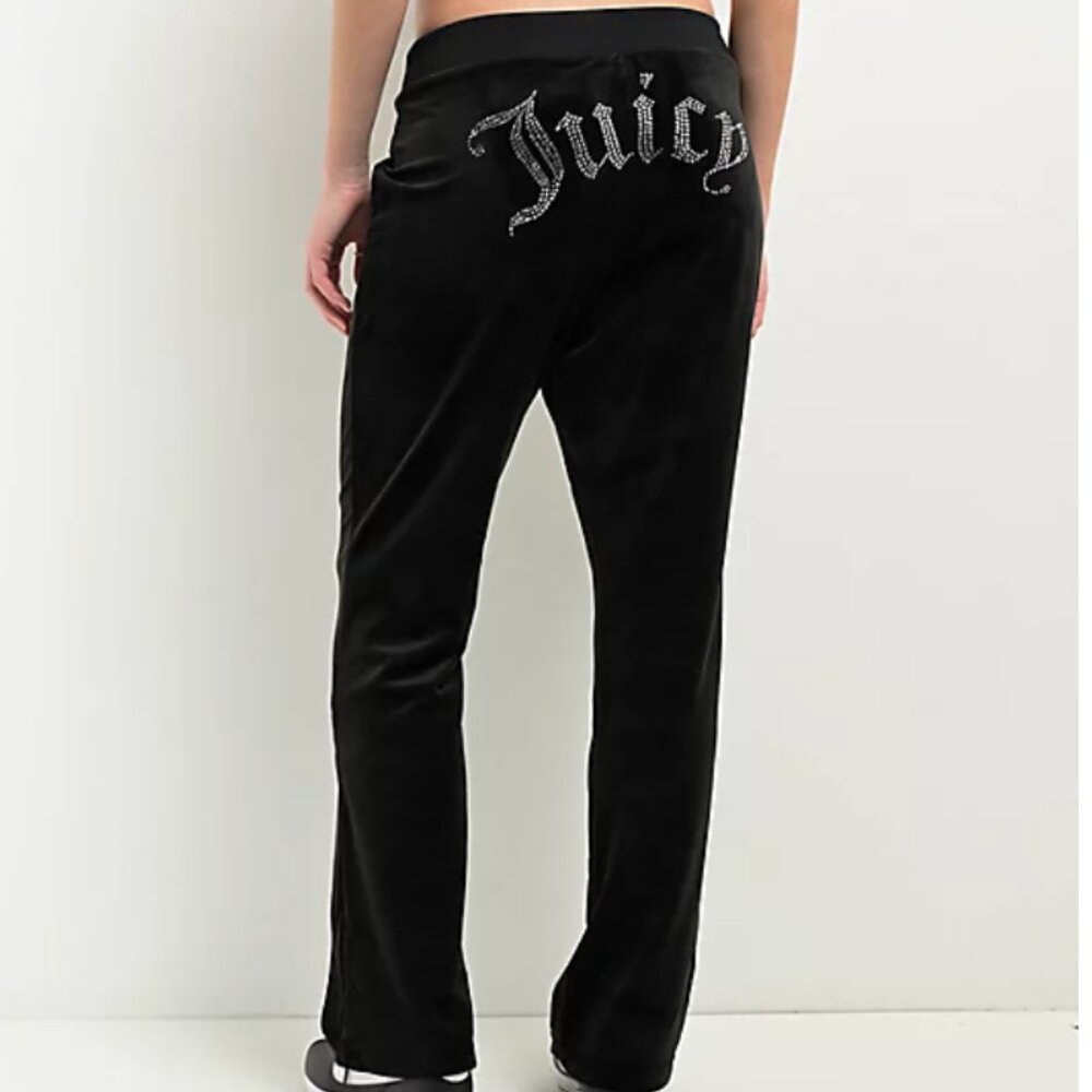 Juicy Couture OG Big Bling Licorice Velour Track Pants Womens Large Black Y2K